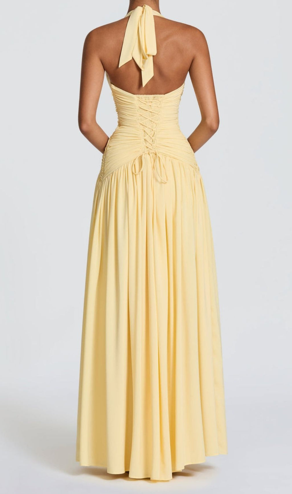 Kelley Radiant Yellow Halter Ruched Maxi Gown with High Slit