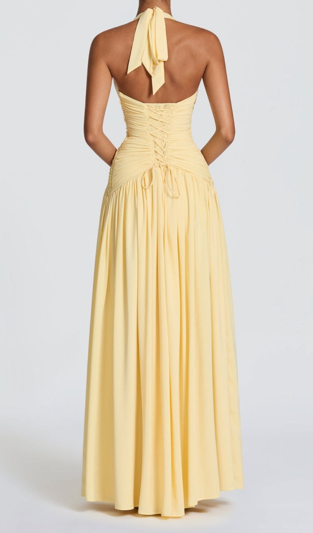 Kelley Radiant Yellow Halter Ruched Maxi Gown with High Slit