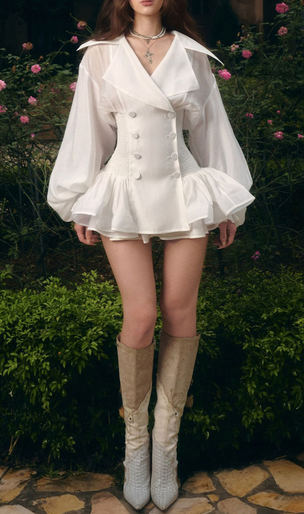 Igoné White Puff Sleeve Mini Dress | Corset-Inspired & Ruffled