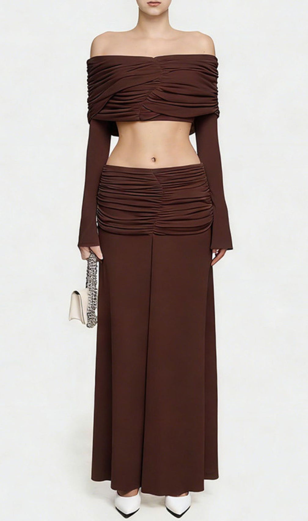 Jamuna Elegant Ruched Two-Piece Maxi Skirt Set - Off-Shoulder Crop Top