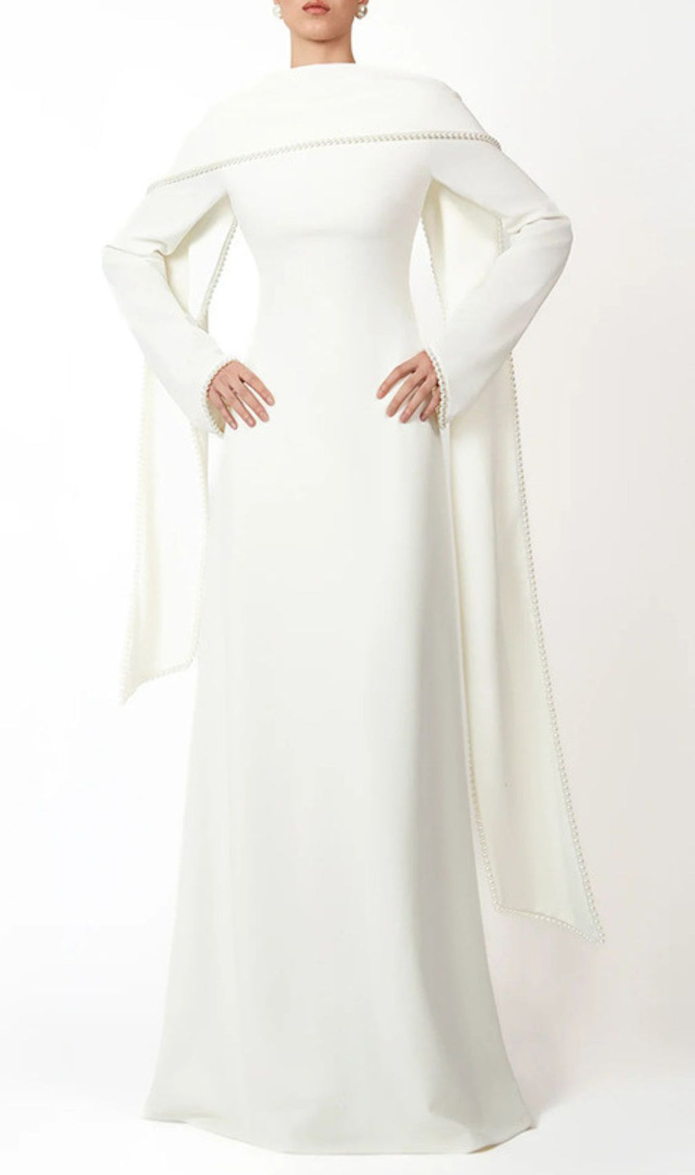 Hidi Shawl Pearl-Trimmed Maxi Dress | Elegant Long Sleeve White Gown