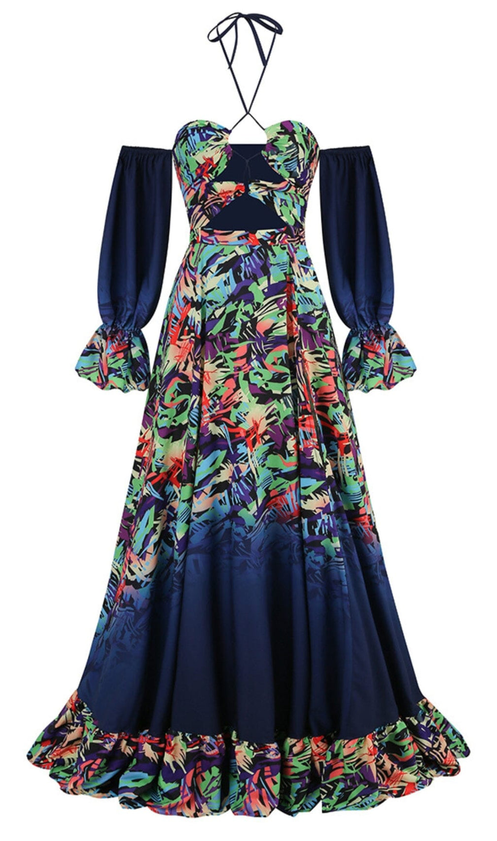 Off Shoulder Flowy Sleeves Maxi Dress In Multi-Color