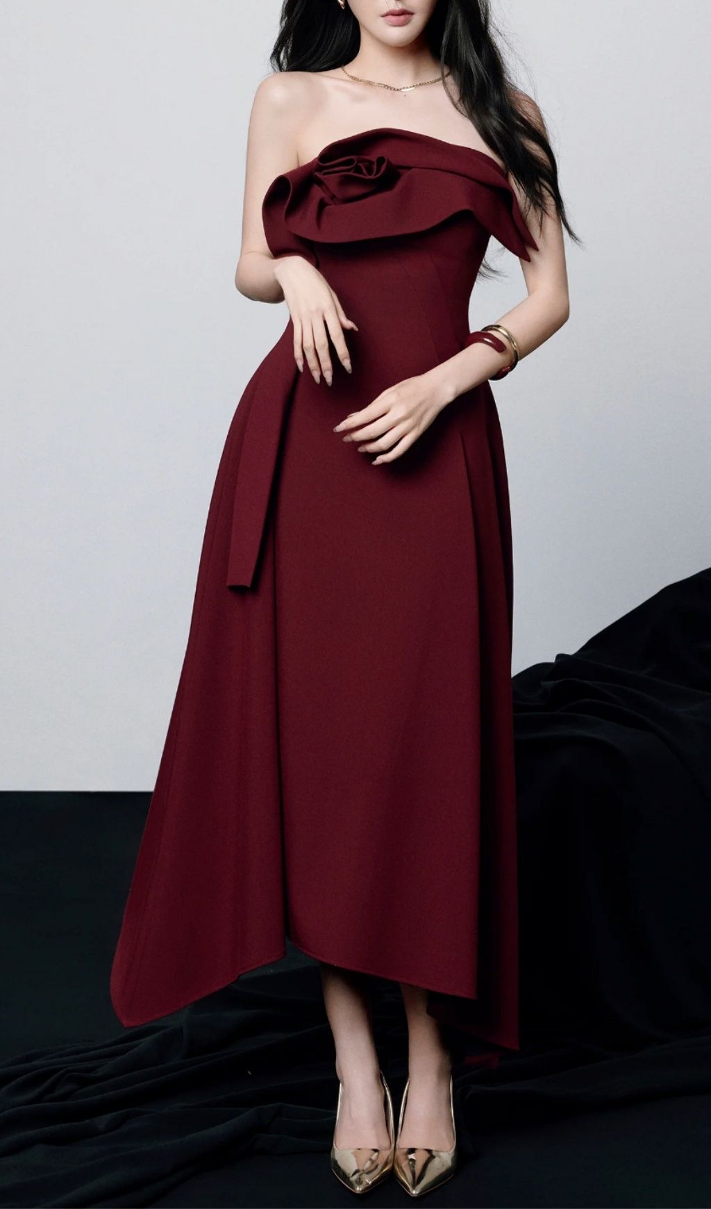 Kesia Radiant Red Draped Strapless Midi Dress - Elegant Asymmetric Hem