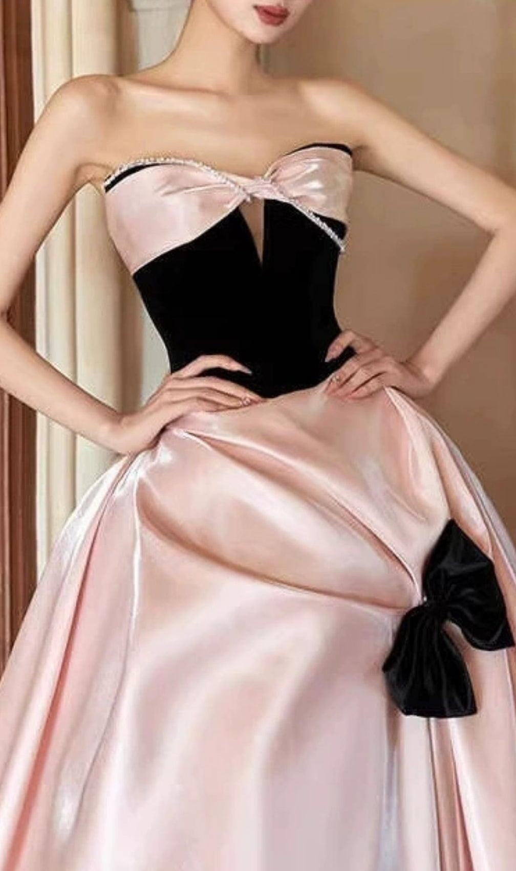 Karisse Blush Pink Strapless Velvet & Satin Gala Gown with Bow Accents