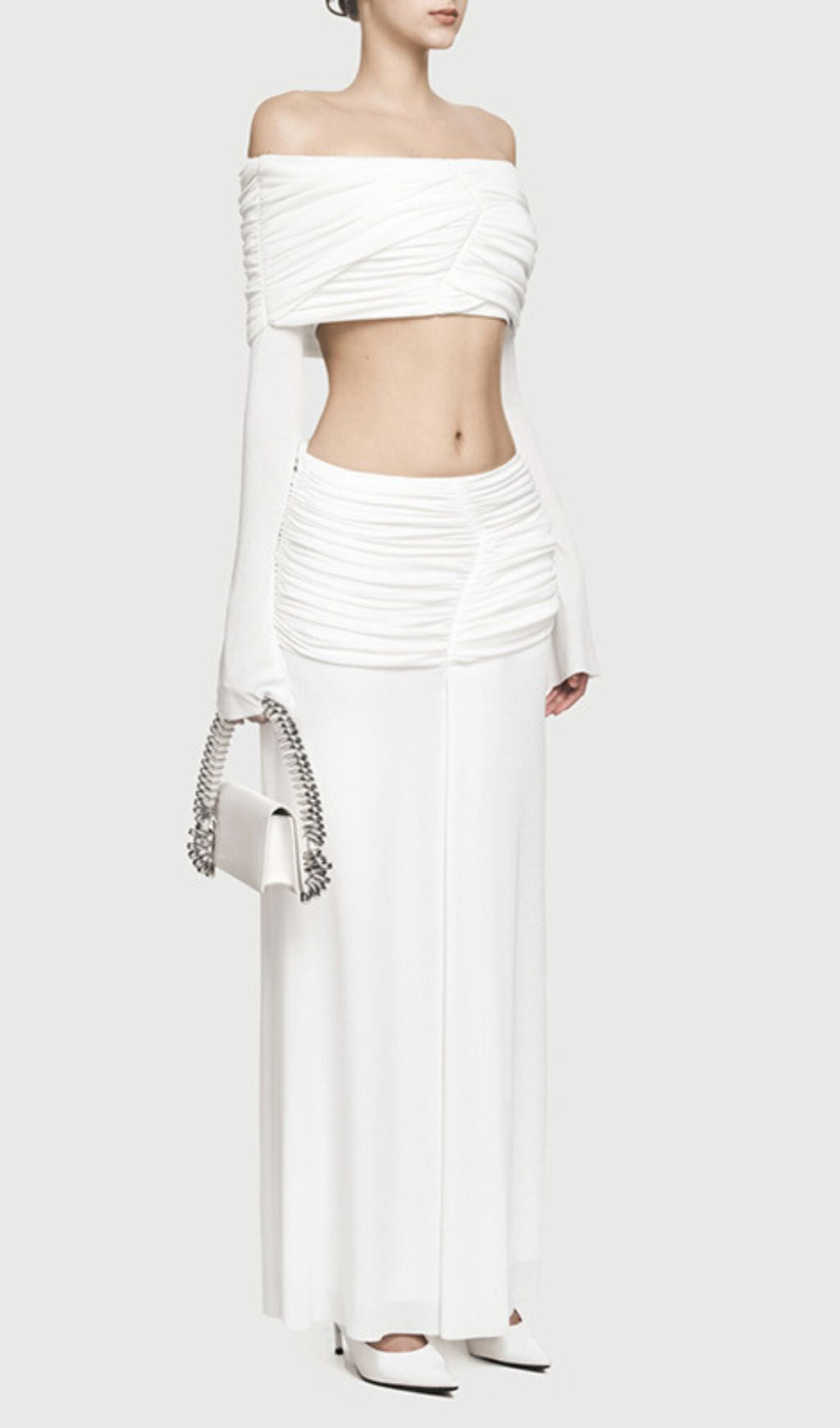 Jamuna Elegant Ruched Two-Piece Maxi Skirt Set - Off-Shoulder Crop Top