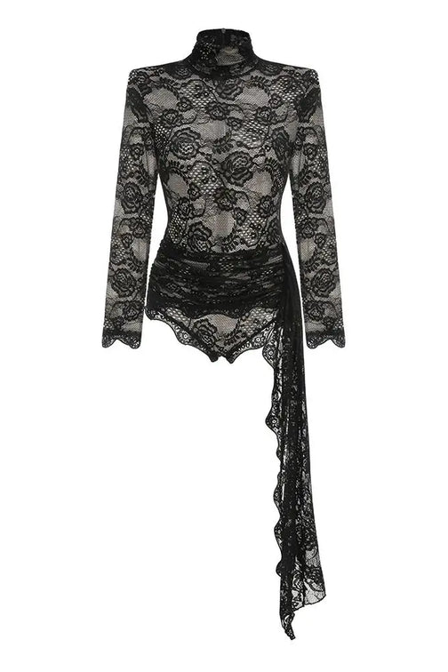 ZANNA BLACK HIGH NECK EMBROIDERED LACE BODYSUIT