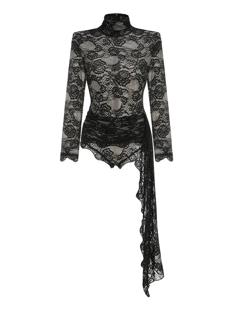 ZANNA BLACK HIGH NECK EMBROIDERED LACE BODYSUIT