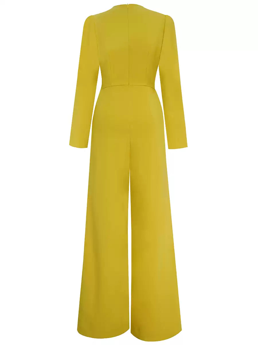 Yellow V - Neck Long - Sleeve Wide - Leg Jumpsuit