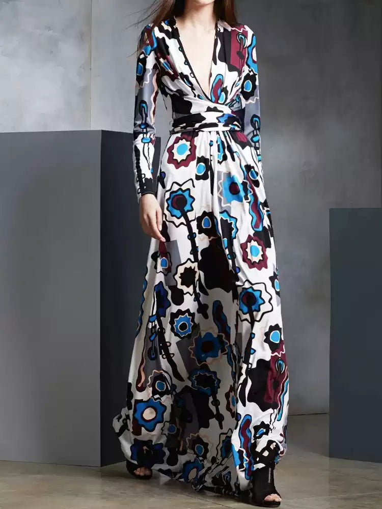 White Floral Print Wrap Maxi Dress with Long Sleeves