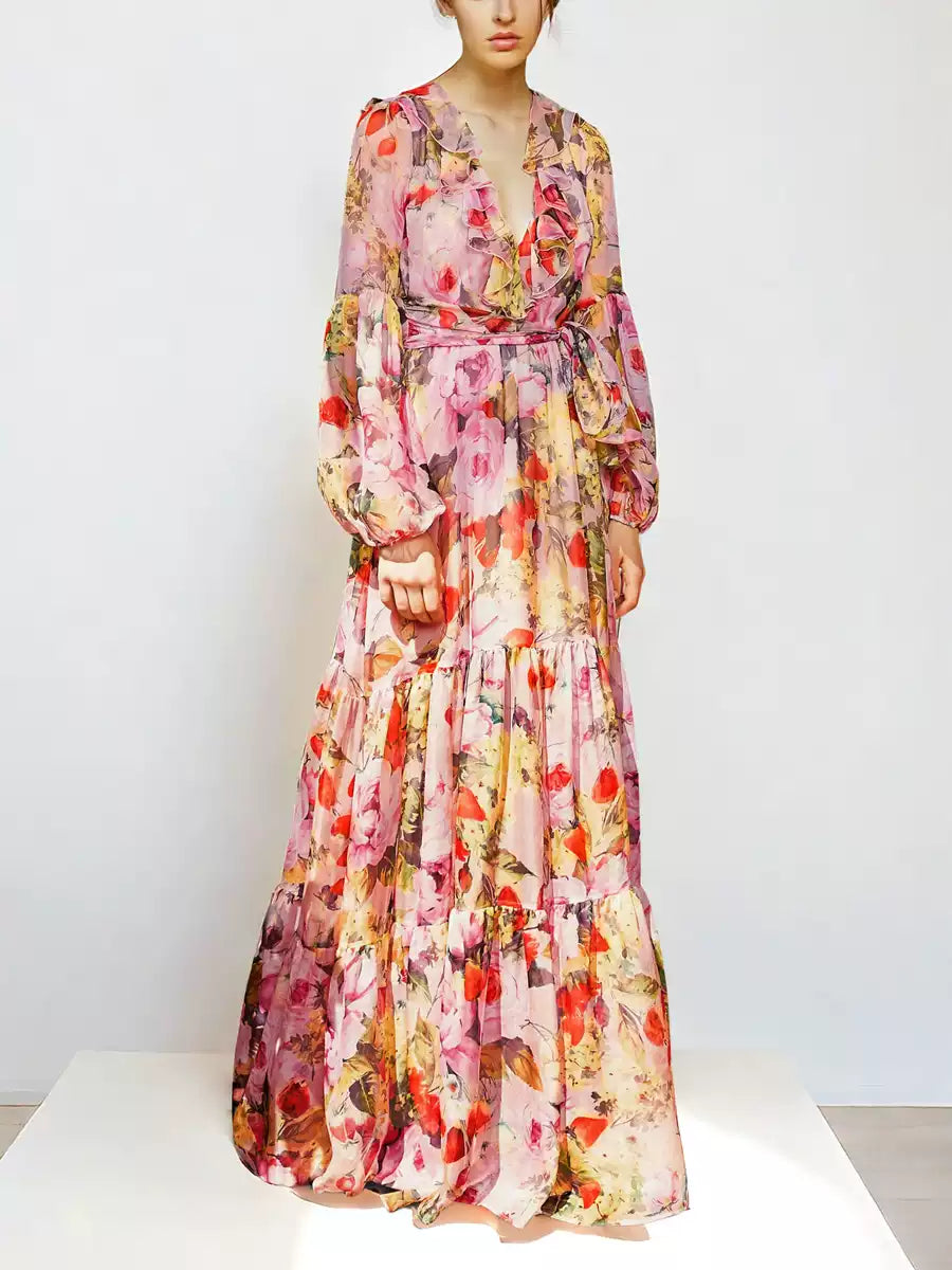 Colorful Floral Long Sleeve Maxi Dress with Belt