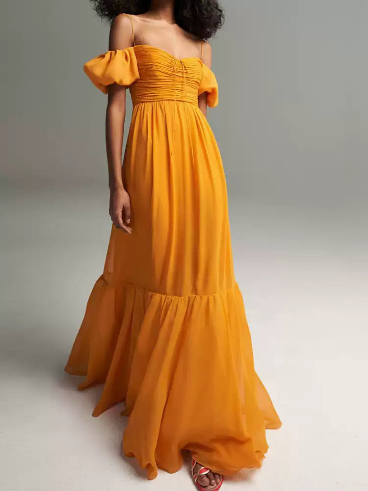 Yellow Off Shoulder Chiffon Maxi Dress with Puff Sleeves