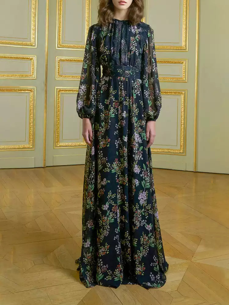 Black Floral Maxi Dress with Sheer Sleeves and Lace Details