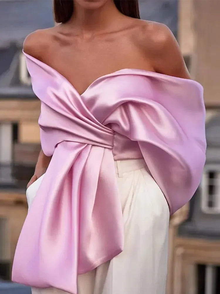 Samira Bow Cross Off Shoulder Satin Top