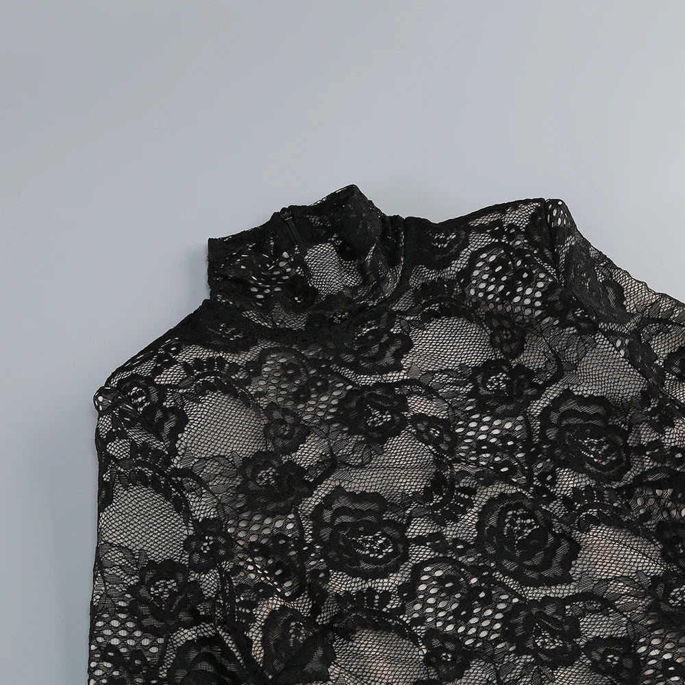 ZANNA BLACK HIGH NECK EMBROIDERED LACE BODYSUIT