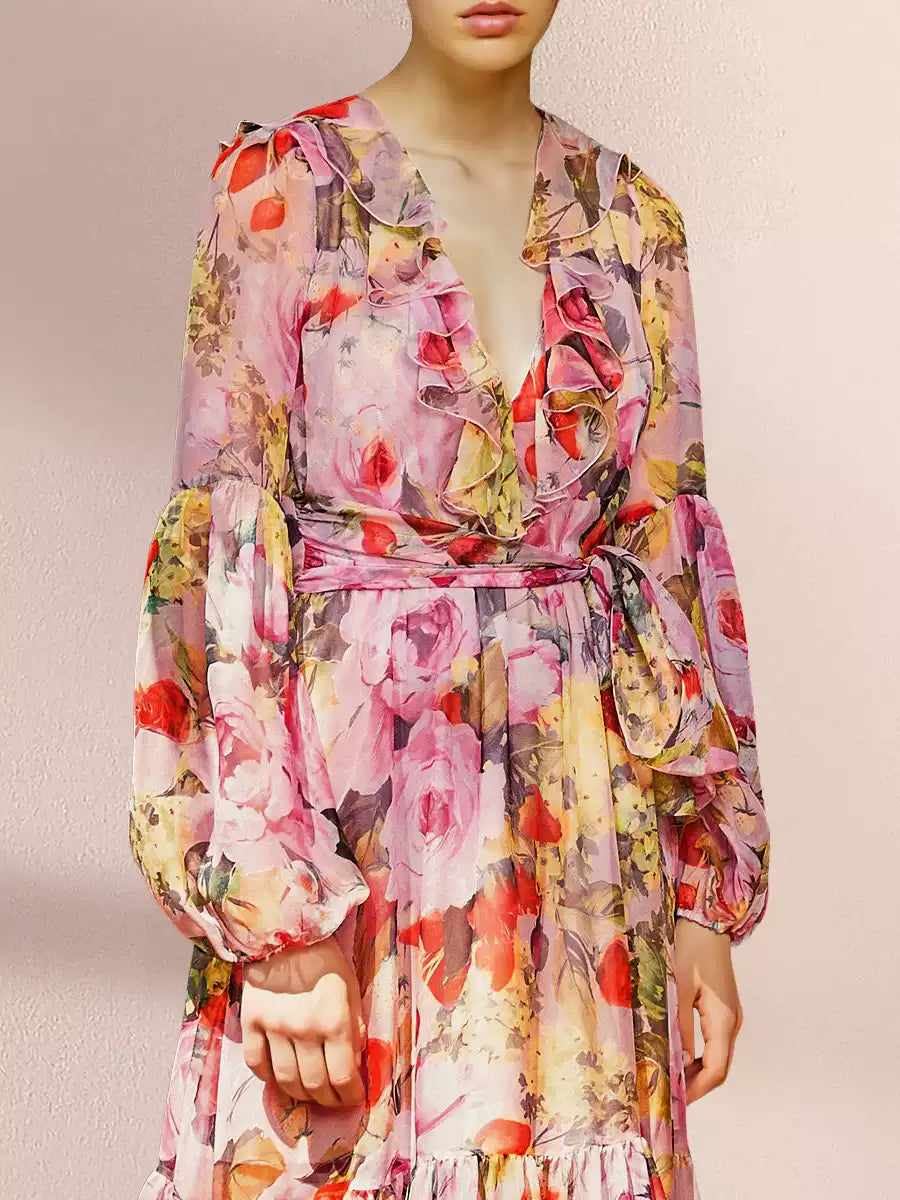 Colorful Floral Long Sleeve Maxi Dress with Belt