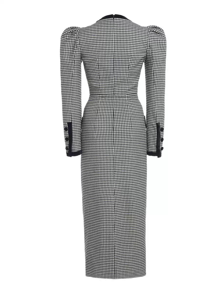 Black and White Houndstooth Midi Dress with Puff Sleeves