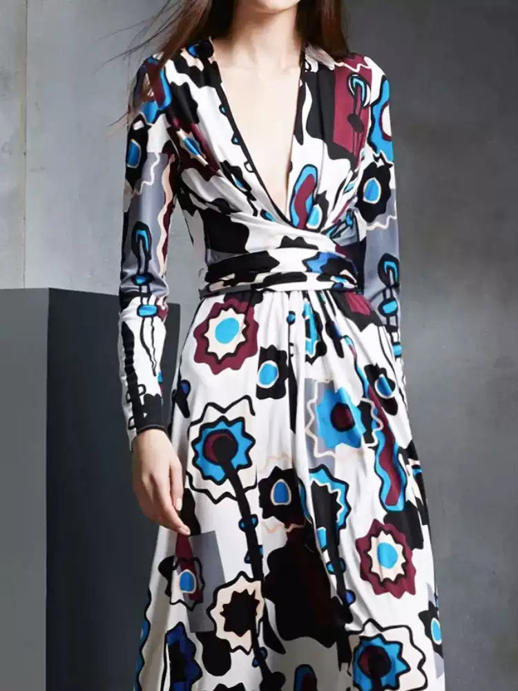 White Floral Print Wrap Maxi Dress with Long Sleeves