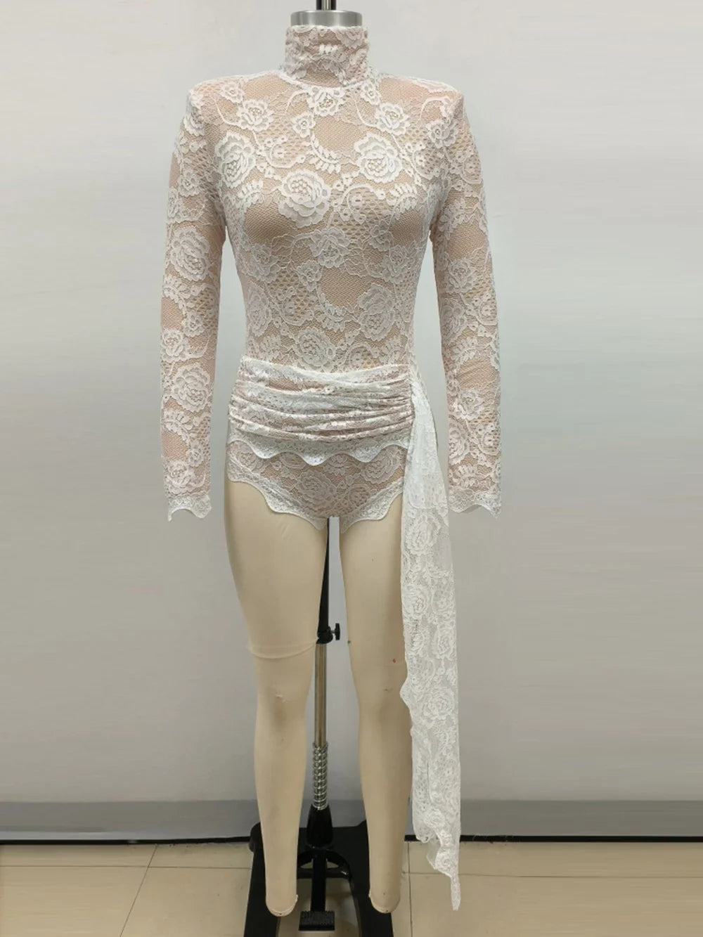 ZANNA WHITE HIGH NECK EMBROIDERED LACE BODYSUIT