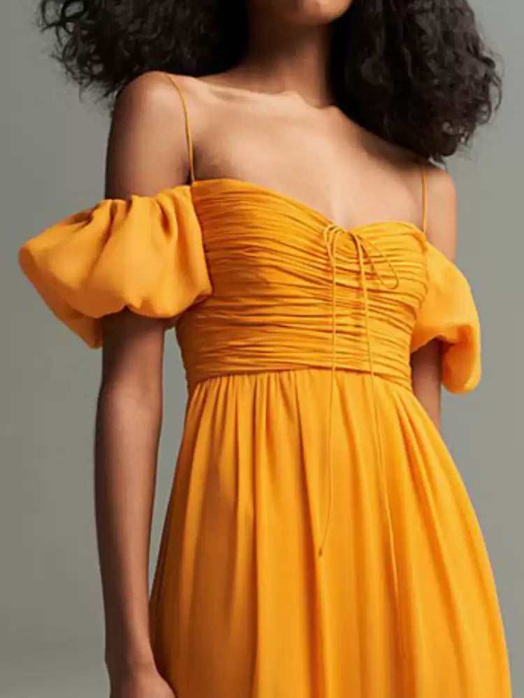 Yellow Off Shoulder Chiffon Maxi Dress with Puff Sleeves
