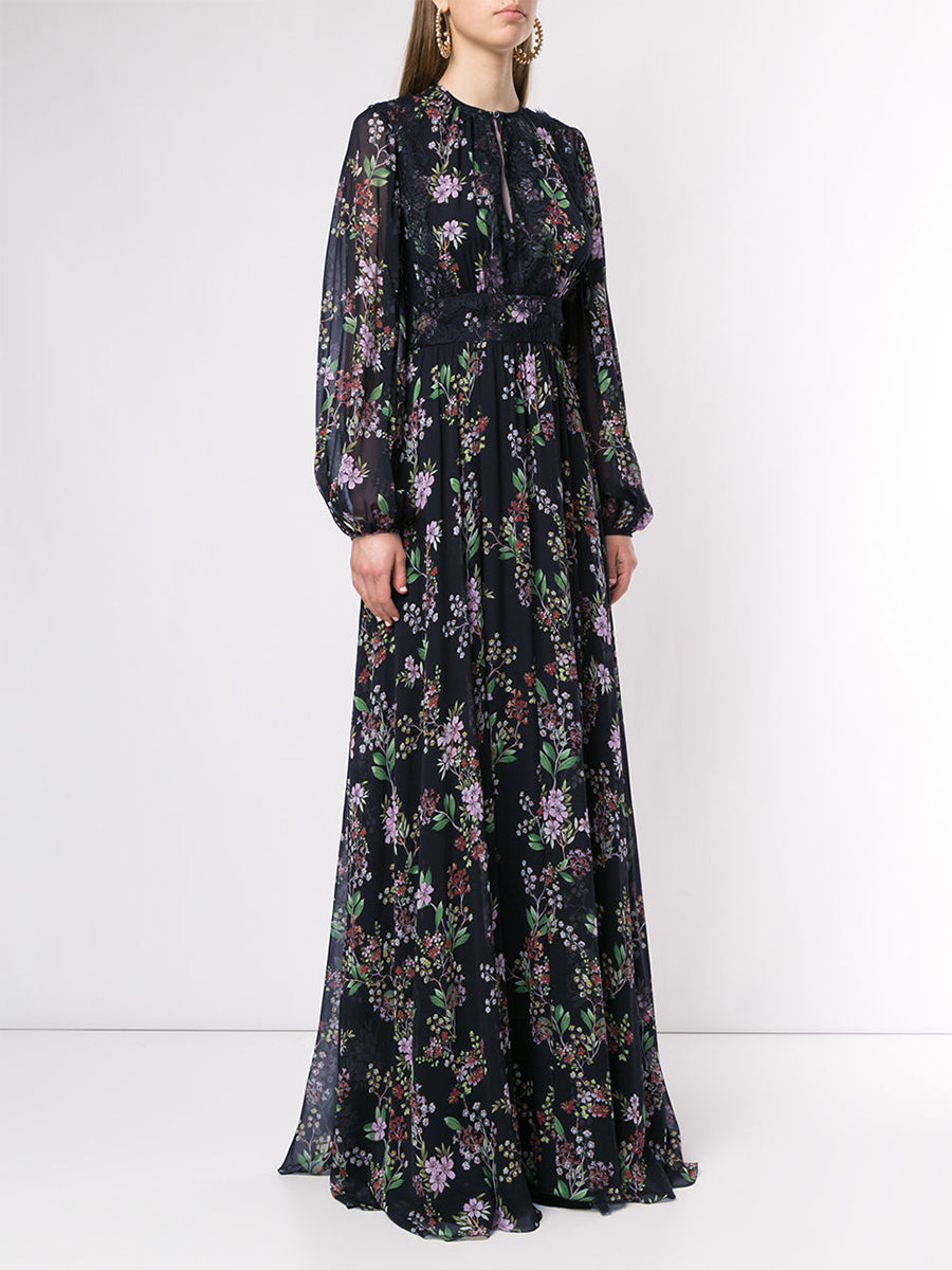 Black Floral Maxi Dress with Sheer Sleeves and Lace Details