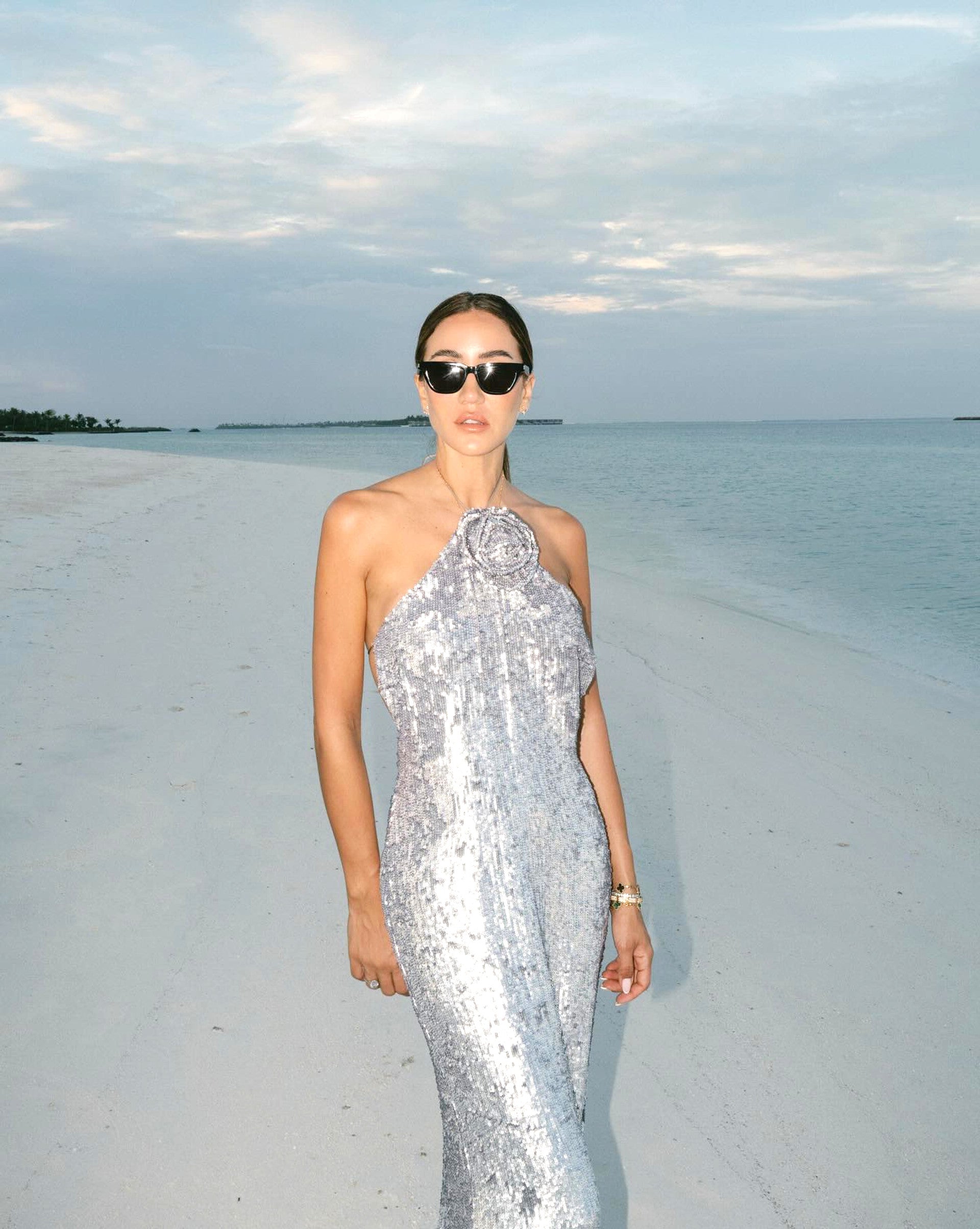 WINIFRED FLORAL-APPLIQUÉ SEQUIN MAXI DRESS SILVER