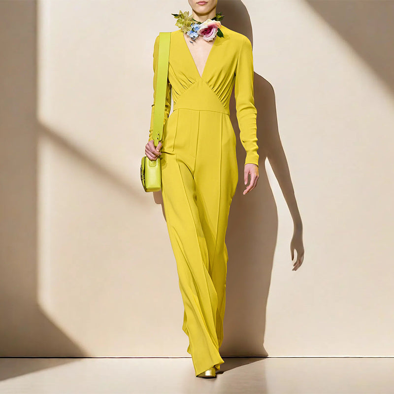 Yellow V - Neck Long - Sleeve Wide - Leg Jumpsuit