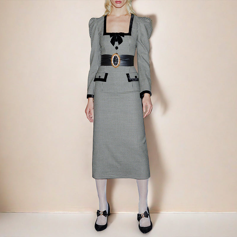 Black and White Houndstooth Midi Dress with Puff Sleeves