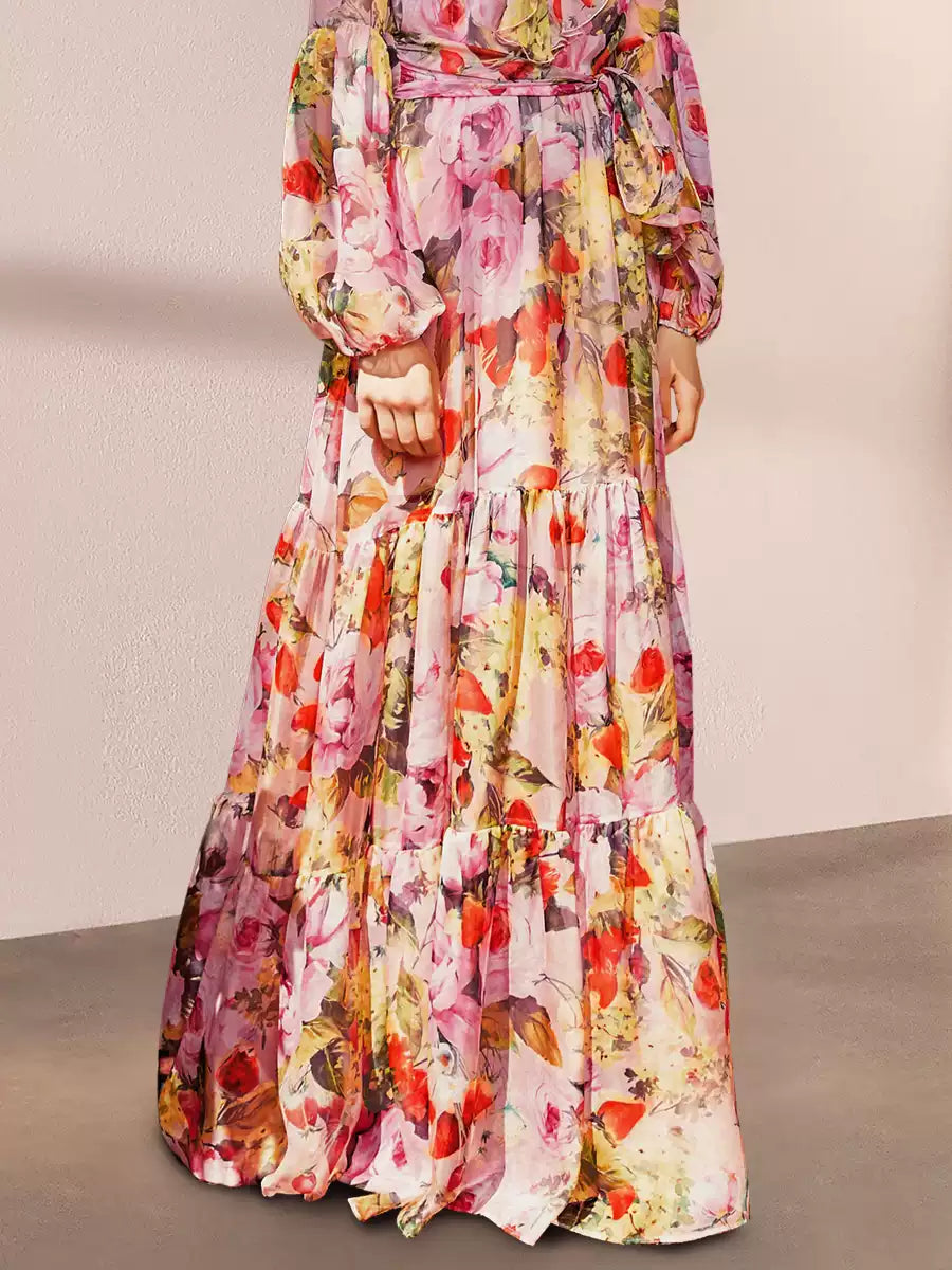 Colorful Floral Long Sleeve Maxi Dress with Belt