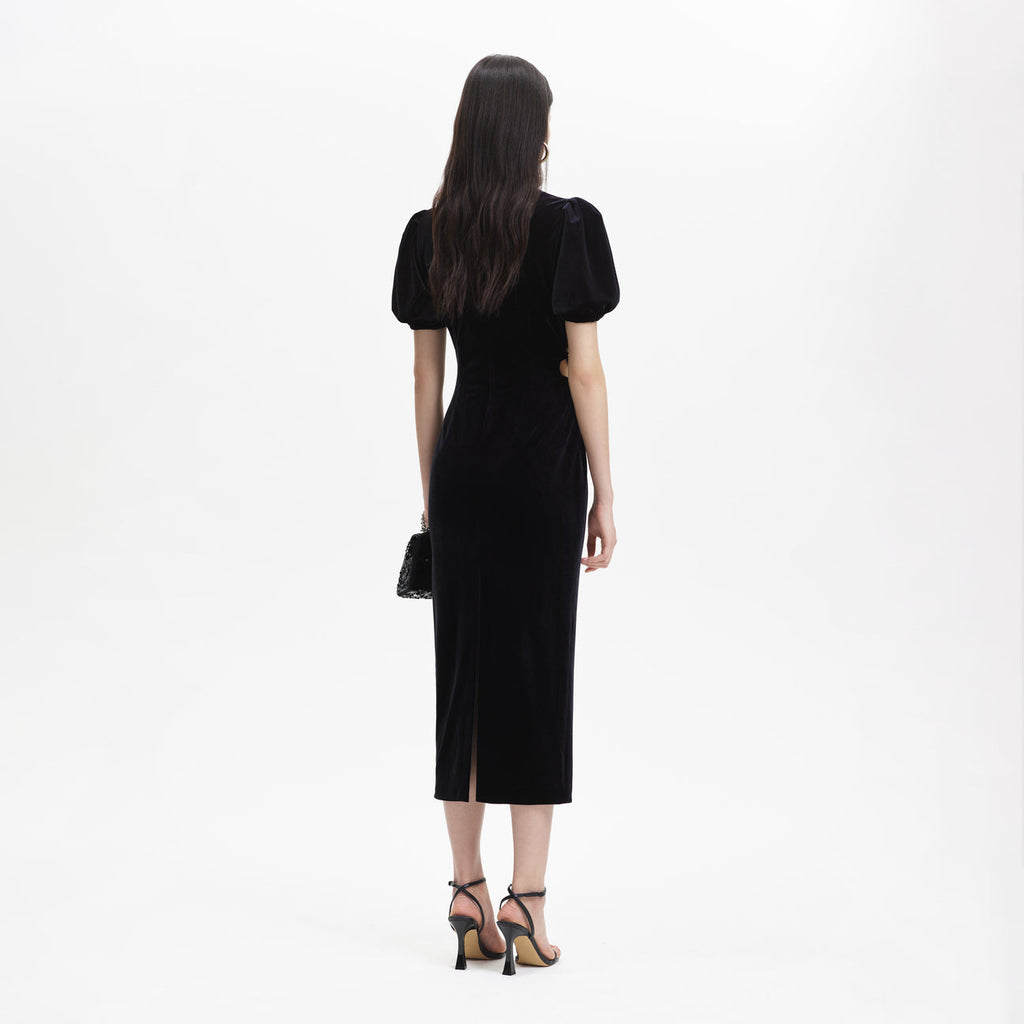 pleated velvet cut-out midi dress in black