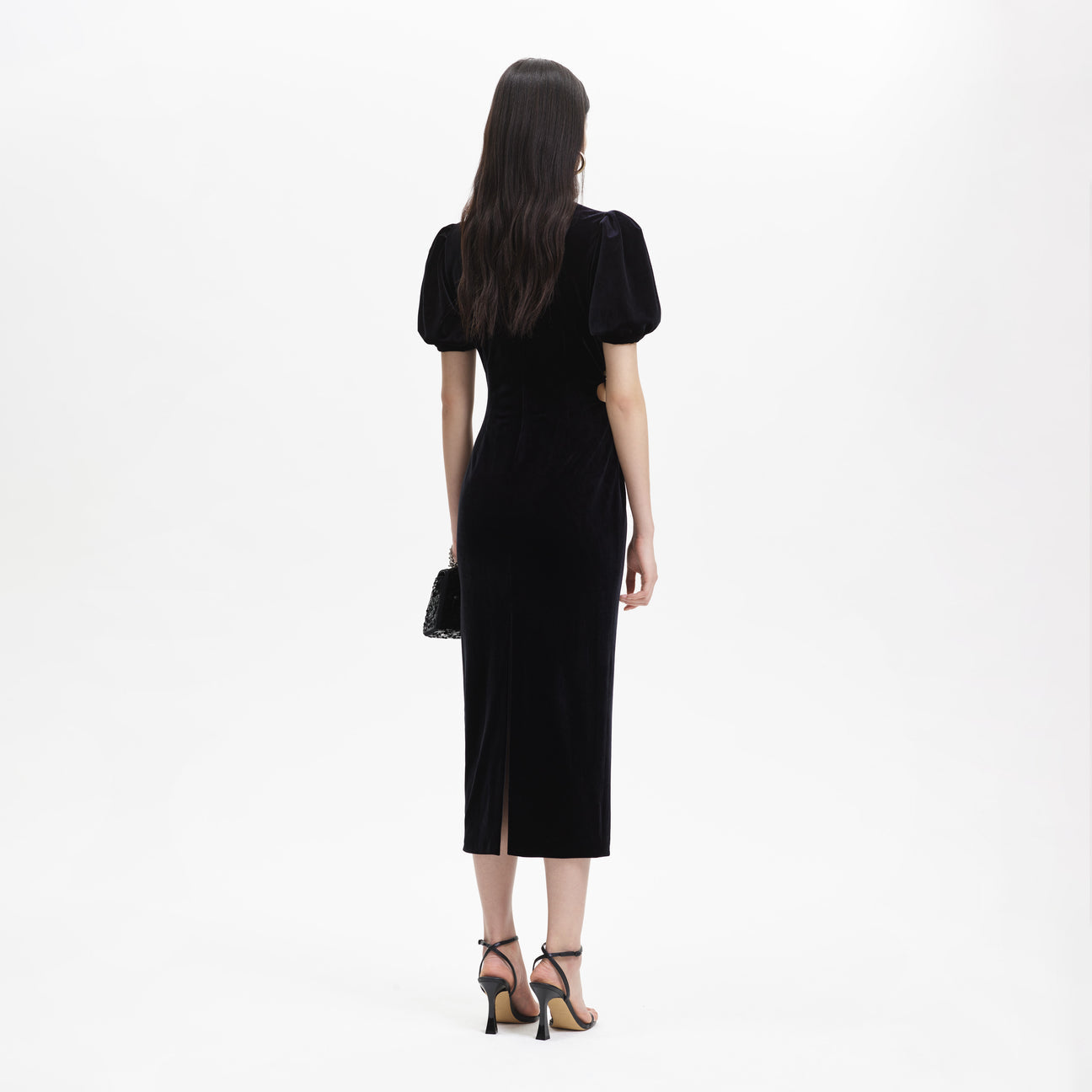 pleated velvet cut-out midi dress in black