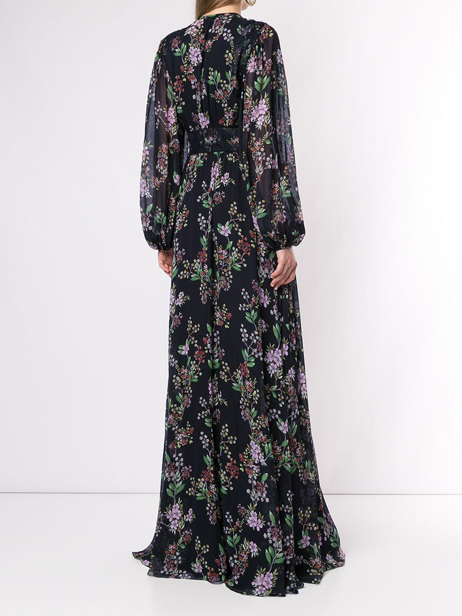 Black Floral Maxi Dress with Sheer Sleeves and Lace Details