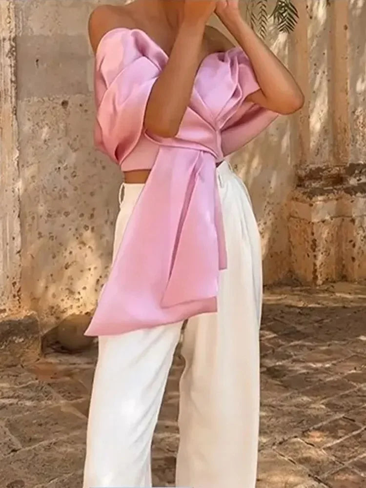 Samira Bow Cross Off Shoulder Satin Top