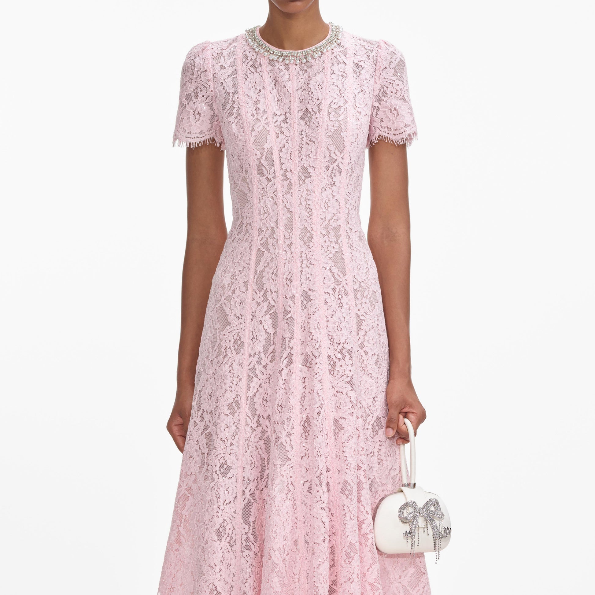 Sequin Floral Lace Midi Dress in pink