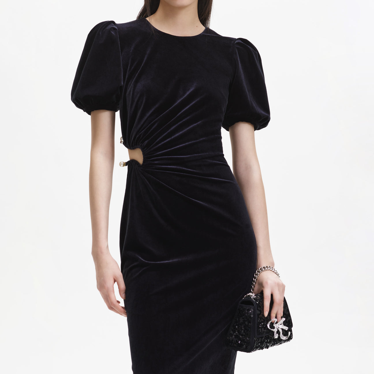 pleated velvet cut-out midi dress in black