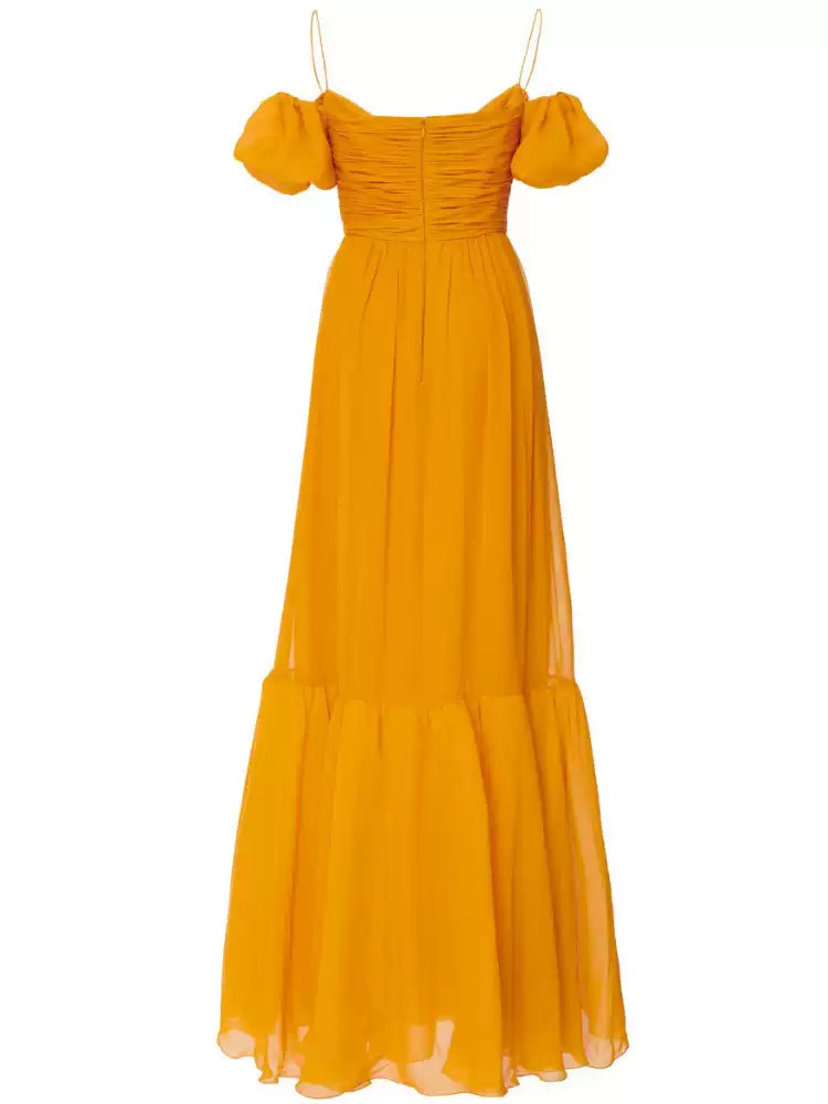 Yellow Off Shoulder Chiffon Maxi Dress with Puff Sleeves