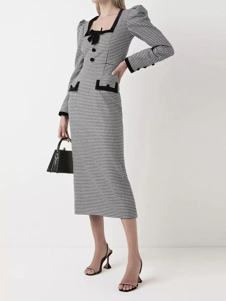 Black and White Houndstooth Midi Dress with Puff Sleeves