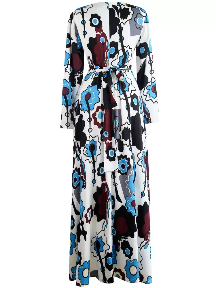 White Floral Print Wrap Maxi Dress with Long Sleeves