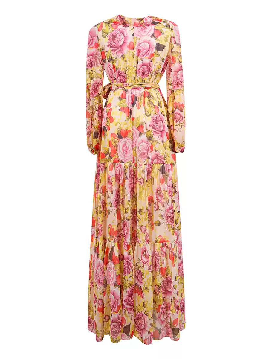 Colorful Floral Long Sleeve Maxi Dress with Belt