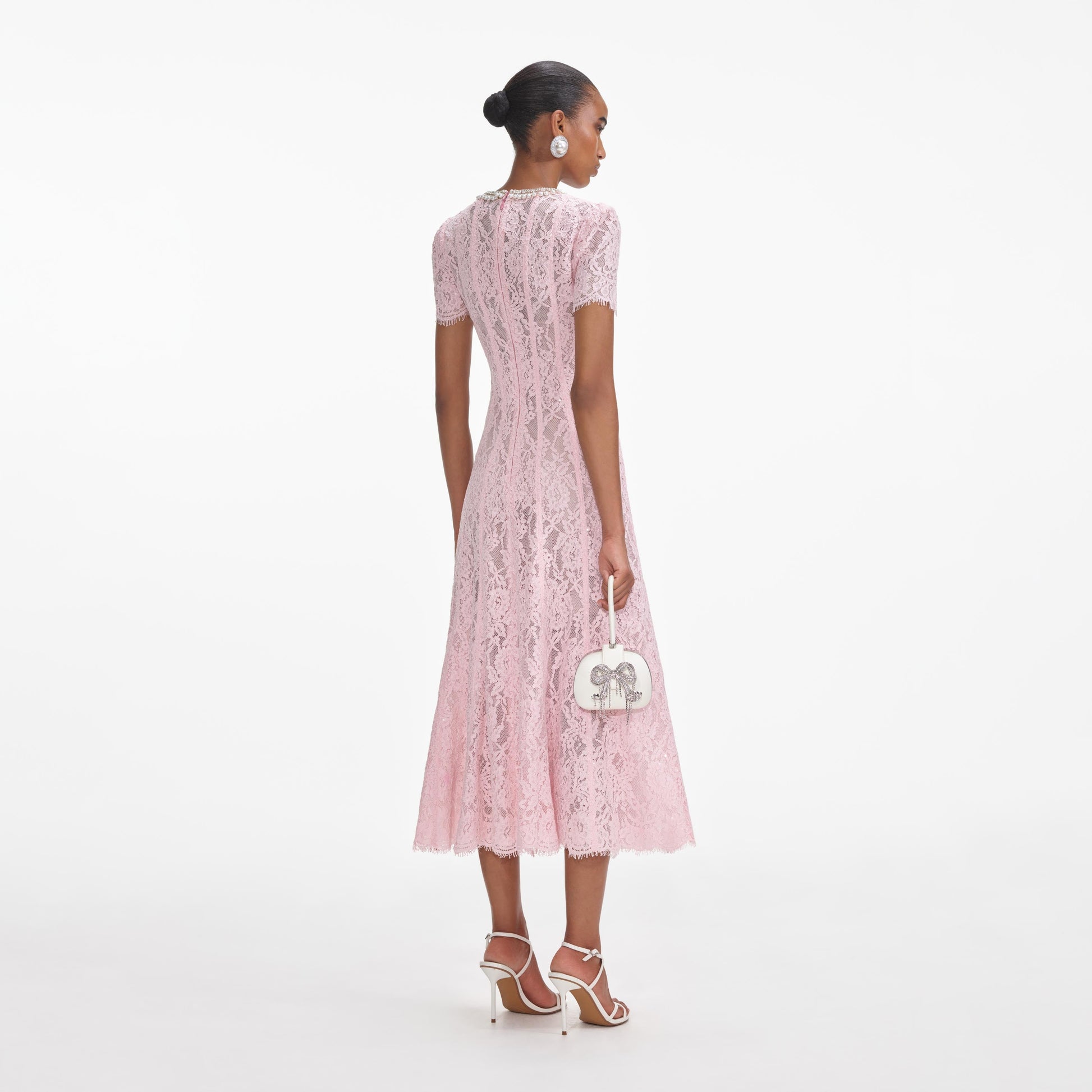 Sequin Floral Lace Midi Dress in pink