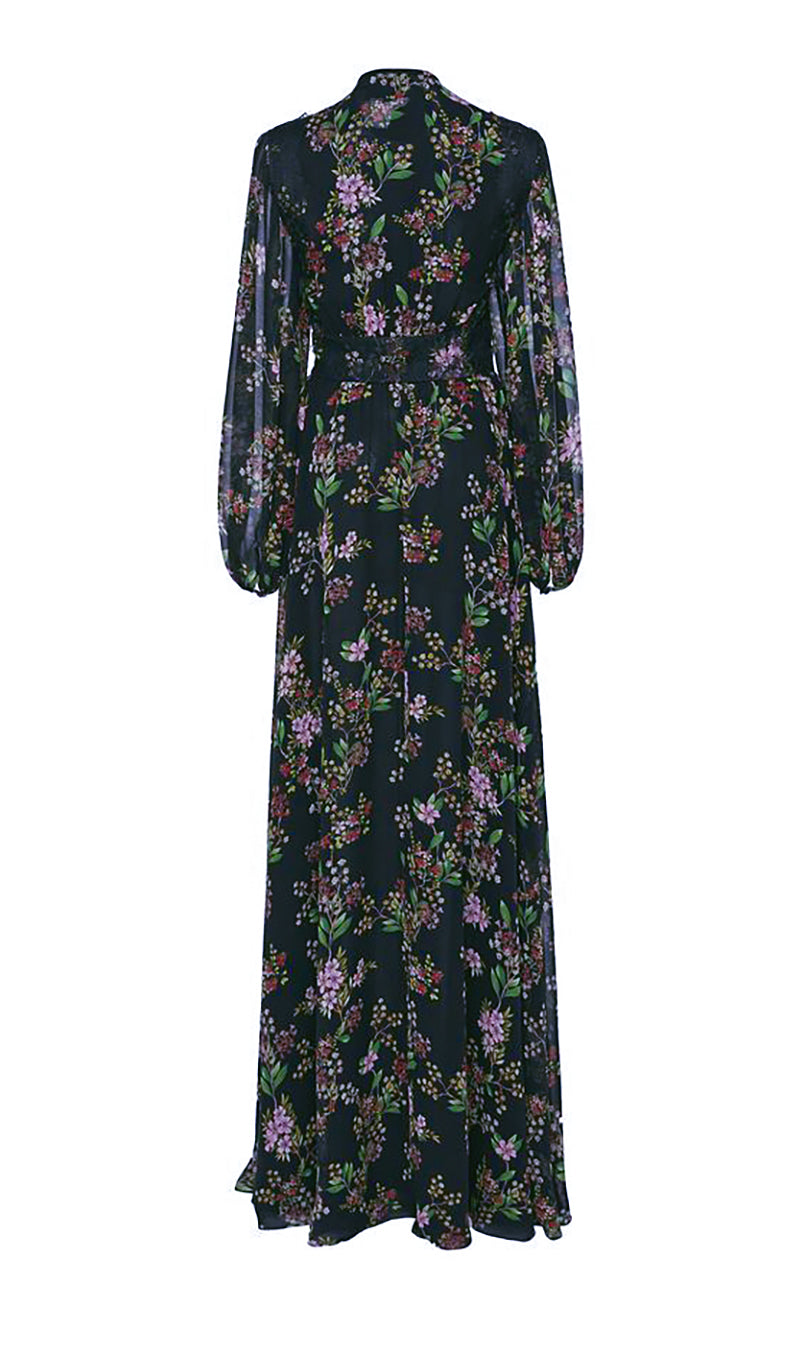 Black Floral Maxi Dress with Sheer Sleeves and Lace Details