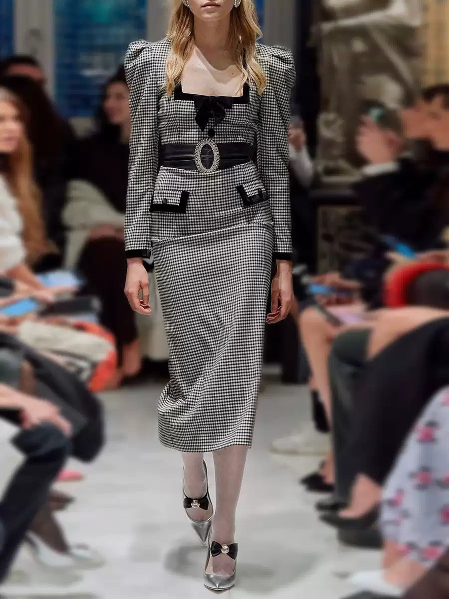 Black and White Houndstooth Midi Dress with Puff Sleeves