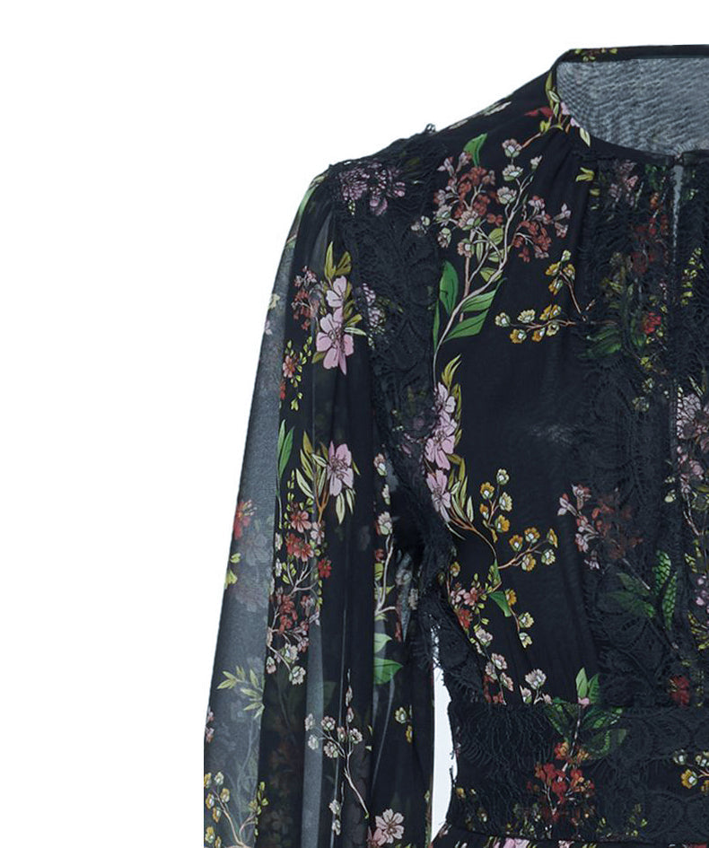 Black Floral Maxi Dress with Sheer Sleeves and Lace Details