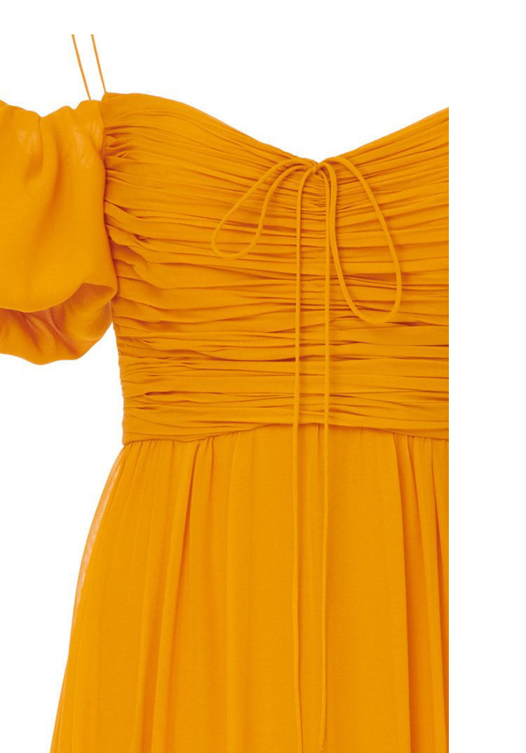 Yellow Off Shoulder Chiffon Maxi Dress with Puff Sleeves