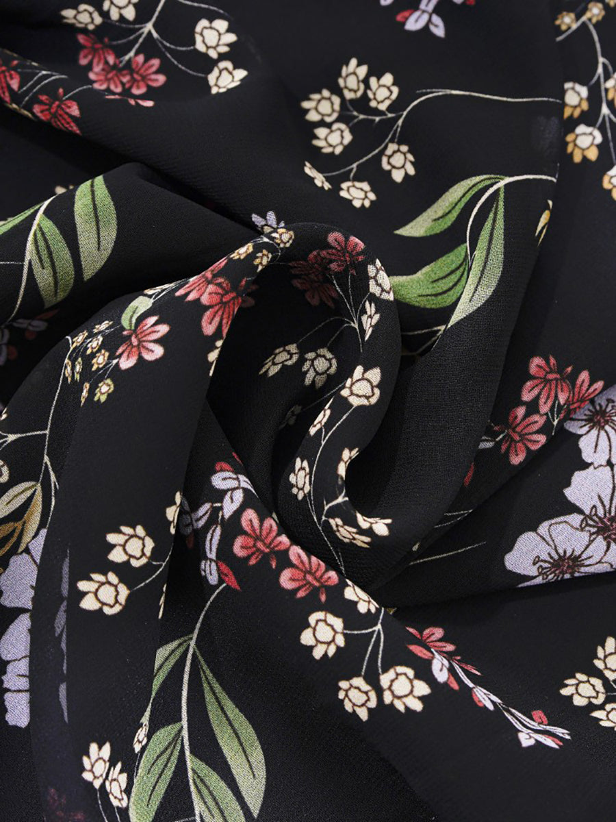 Black Floral Maxi Dress with Sheer Sleeves and Lace Details