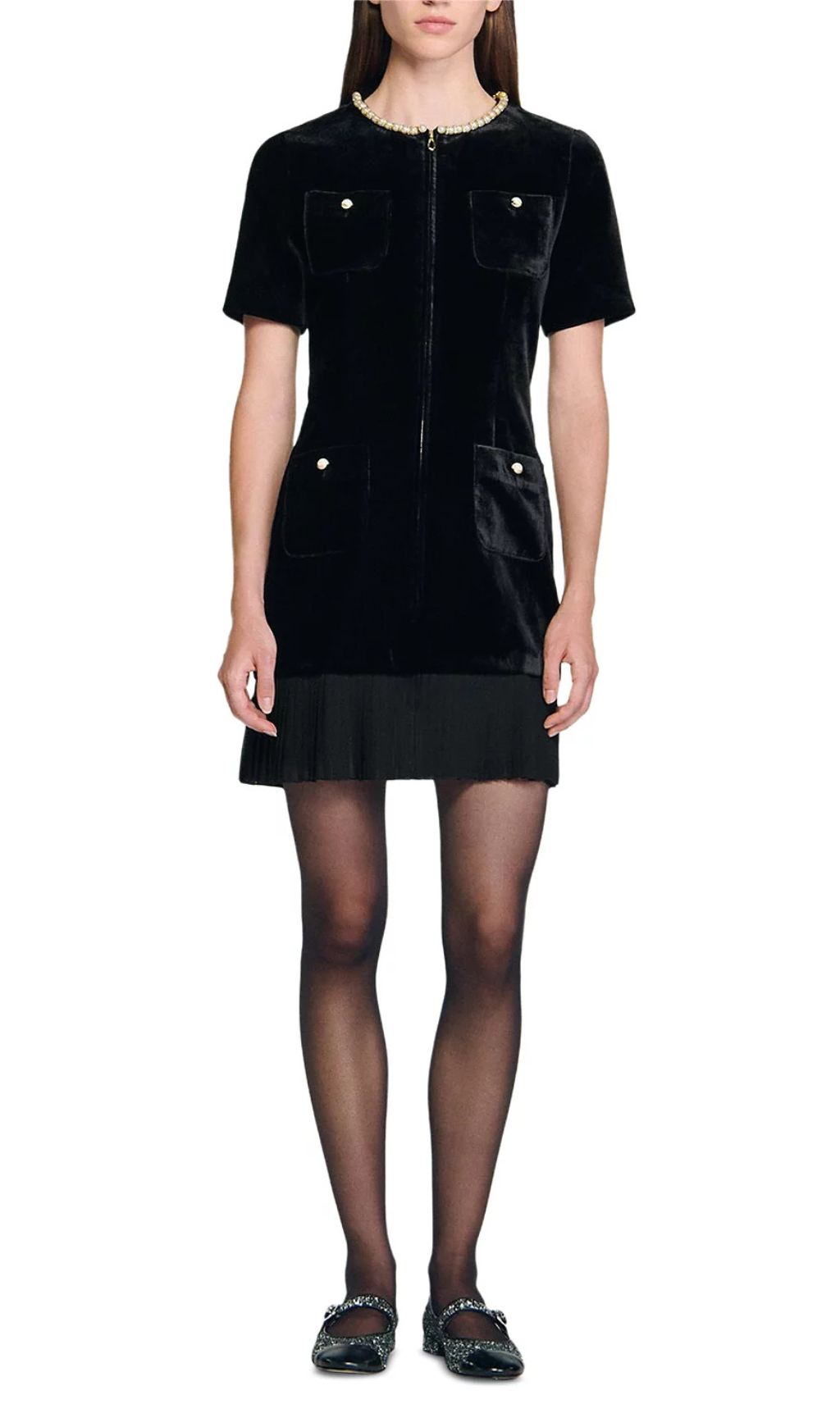 Chic Velvet Mini Dress for Women | Beaded Neckline & Pockets