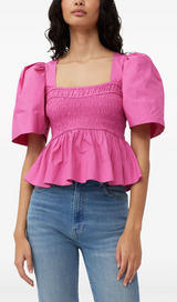 PINK SHIRRED PEPLUM BLOUSE