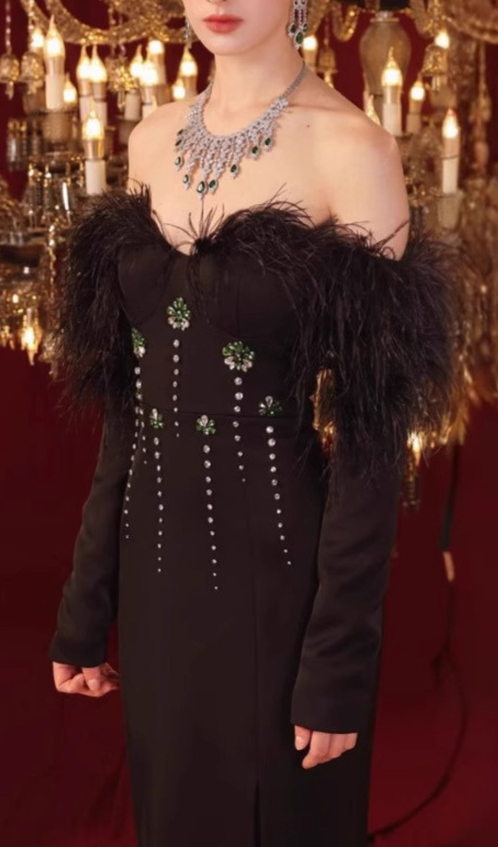 Chaya Black Feather Long Sleeve Maxi Dress