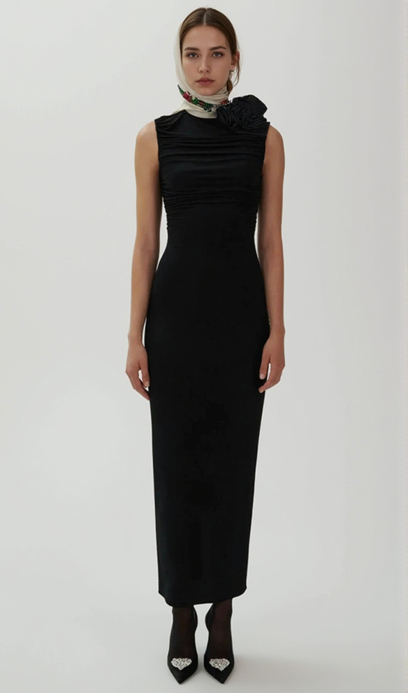 ADORA FLOWER EMBELLISHED RUCHED MIDI DRESS IN BLACK