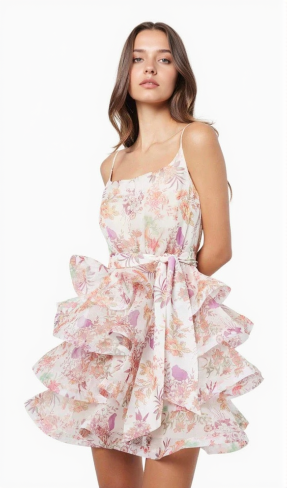 AMANDA MULTICOLOR FLORAL PRINTED RUFFLE MINI DRESS