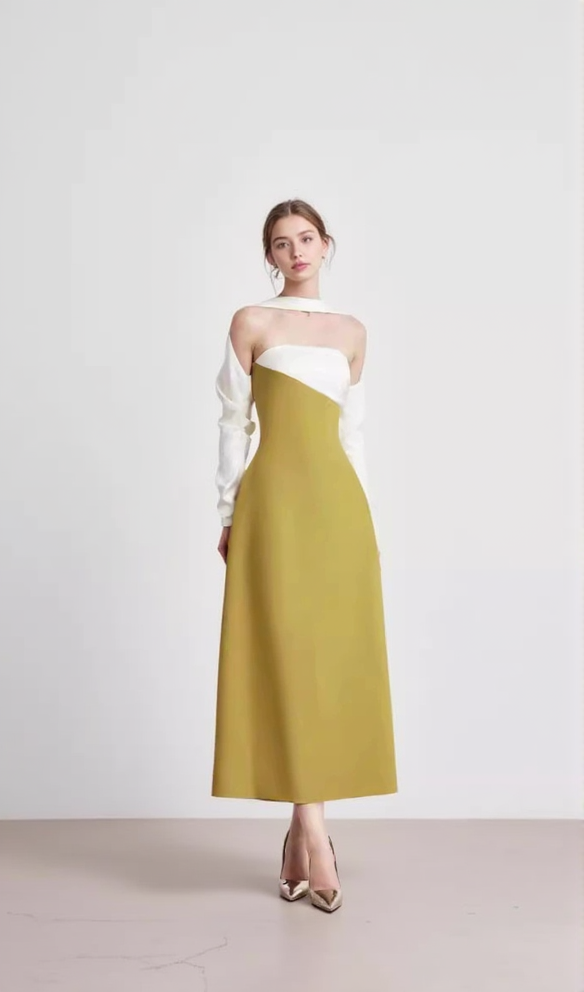 ARLENE YELLOW LONG SLEEVED CUT OUT SILK TAFFETA MIDI DRESS